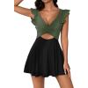 imageB2prity Tummy Control One Piece Swimsuit for Women Ruffle Swimdress V Neck Wrap Bathing Suit Cutout Swimwear with SkirtGreen black