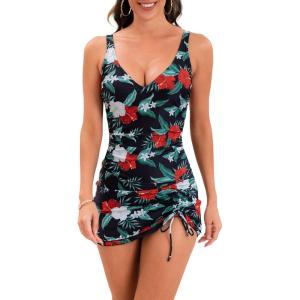 imageB2prity One Piece Swimdress Swimsuits for Women Tummy Control Swim Dresses Skirt V Neck Wrap Bathing SuitFloral Printed 2