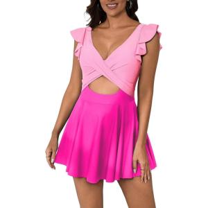 imageB2prity Tummy Control One Piece Swimsuit for Women Ruffle Swimdress V Neck Wrap Bathing Suit Cutout Swimwear with SkirtPink Color Block