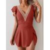 imageB2prity Womens One Piece Swim Dress Swimsuit Tummy Control Bathing Suit Skirt Ruffle V Neck Split SwimwearBrick Red