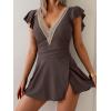 imageB2prity Womens One Piece Swim Dress Swimsuit Tummy Control Bathing Suit Skirt Ruffle V Neck Split SwimwearGrey Purple