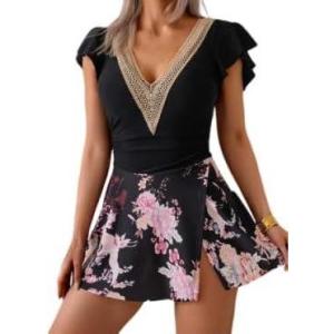 imageB2prity Womens One Piece Swim Dress Swimsuit Tummy Control Bathing Suit Skirt Ruffle V Neck Split SwimwearBlack pink Print