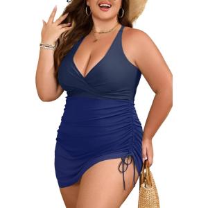 imageB2prity Womens Plus Size One Piece Swimdress Swimsuit Tummy Control Slimming Swim Dress Mesh Drawstring Skirted Bathing SuitNavy Blue