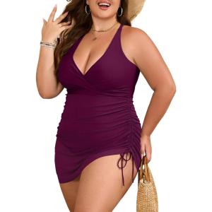 imageB2prity Womens Plus Size One Piece Swimdress Swimsuit Tummy Control Slimming Swim Dress Mesh Drawstring Skirted Bathing SuitWine Red