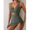 imageB2prity Women Mesh One Piece Swimdress Swimsuit Tummy Control V Neck Cutout Bathing Suit Wrap Drawstring Sarong SwimwearArmy Green
