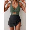 imageB2prity Women Mesh One Piece Swimdress Swimsuit Tummy Control V Neck Cutout Bathing Suit Wrap Drawstring Sarong SwimwearArmy Green black