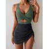 imageB2prity Women Mesh One Piece Swimdress Swimsuit Tummy Control V Neck Cutout Bathing Suit Wrap Drawstring Sarong SwimwearArmy Green black