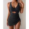 imageB2prity Women Mesh One Piece Swimdress Swimsuit Tummy Control V Neck Cutout Bathing Suit Wrap Drawstring Sarong SwimwearBlack