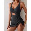 imageB2prity Women Mesh One Piece Swimdress Swimsuit Tummy Control V Neck Cutout Bathing Suit Wrap Drawstring Sarong SwimwearBlack