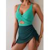 imageB2prity Women Mesh One Piece Swimdress Swimsuit Tummy Control V Neck Cutout Bathing Suit Wrap Drawstring Sarong SwimwearGreen dark Green