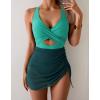imageB2prity Women Mesh One Piece Swimdress Swimsuit Tummy Control V Neck Cutout Bathing Suit Wrap Drawstring Sarong SwimwearGreen dark Green
