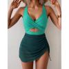 imageB2prity Women Mesh One Piece Swimdress Swimsuit Tummy Control V Neck Cutout Bathing Suit Wrap Drawstring Sarong SwimwearGreen dark Green