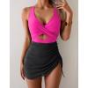 imageB2prity Women Mesh One Piece Swimdress Swimsuit Tummy Control V Neck Cutout Bathing Suit Wrap Drawstring Sarong SwimwearHot Pink black