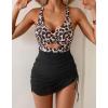 imageB2prity Women Mesh One Piece Swimdress Swimsuit Tummy Control V Neck Cutout Bathing Suit Wrap Drawstring Sarong SwimwearLeopard Print  Black