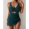 imageB2prity Women Mesh One Piece Swimdress Swimsuit Tummy Control V Neck Cutout Bathing Suit Wrap Drawstring Sarong SwimwearPeacock Green