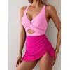 imageB2prity Women Mesh One Piece Swimdress Swimsuit Tummy Control V Neck Cutout Bathing Suit Wrap Drawstring Sarong SwimwearPink hot Pink