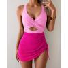 imageB2prity Women Mesh One Piece Swimdress Swimsuit Tummy Control V Neck Cutout Bathing Suit Wrap Drawstring Sarong SwimwearPink hot Pink
