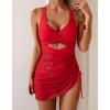 imageB2prity Women Mesh One Piece Swimdress Swimsuit Tummy Control V Neck Cutout Bathing Suit Wrap Drawstring Sarong SwimwearRed  Red Floral