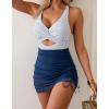 imageB2prity Women Mesh One Piece Swimdress Swimsuit Tummy Control V Neck Cutout Bathing Suit Wrap Drawstring Sarong SwimwearStripe  Navy Blue