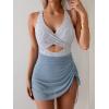 imageB2prity Women Mesh One Piece Swimdress Swimsuit Tummy Control V Neck Cutout Bathing Suit Wrap Drawstring Sarong SwimwearStripe grey Blue