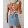imageB2prity Women Mesh One Piece Swimdress Swimsuit Tummy Control V Neck Cutout Bathing Suit Wrap Drawstring Sarong SwimwearStripe grey Blue