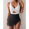imageB2prity Women Mesh One Piece Swimdress Swimsuit Tummy Control V Neck Cutout Bathing Suit Wrap Drawstring Sarong SwimwearWhite black