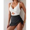 imageB2prity Women Mesh One Piece Swimdress Swimsuit Tummy Control V Neck Cutout Bathing Suit Wrap Drawstring Sarong SwimwearWhite black