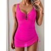imageB2prity Womens Mesh One Piece Swimdress Swimsuit Tummy Control V Neck U Ring Bathing Suit Drawstring Sarong SwimwearHot Pink
