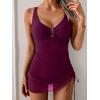 imageB2prity Womens Mesh One Piece Swimdress Swimsuit Tummy Control V Neck U Ring Bathing Suit Drawstring Sarong SwimwearWine Red
