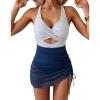 imageB2prity Women Mesh One Piece Swimdress Swimsuit Tummy Control V Neck Cutout Bathing Suit Wrap Drawstring Sarong SwimwearStripe  Navy Blue