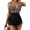 imageB2prity Womens Mesh One Piece Swimdress Swimsuit Tummy Control V Neck U Ring Bathing Suit Drawstring Sarong SwimwearLeopard Print black