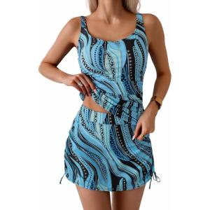 imageB2prity Tankini Swimsuit for Women Slimming Tummy Control Two Piece Bathing Suit Drawstring Swimwear Tank Top with SkirtBlue Black Printed