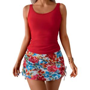 imageB2prity Tankini Swimsuit for Women Slimming Tummy Control Two Piece Bathing Suit Drawstring Swimwear Tank Top with SkirtRed Floral Print