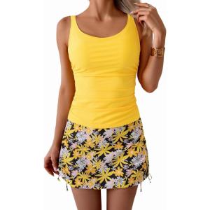 imageB2prity Tankini Swimsuit for Women Slimming Tummy Control Two Piece Bathing Suit Drawstring Swimwear Tank Top with SkirtYellow  Yellow Flowers