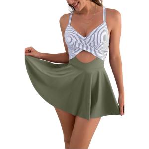 imageB2prity Women Cutout One Piece Skirt Swimsuit V Neck Wrap Tie Back Swimdress Tummy Control Bathing SuitsArmy Green