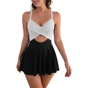 imageB2prity Women Cutout One Piece Skirt Swimsuit V Neck Wrap Tie Back Swimdress Tummy Control Bathing SuitsBlack stripe