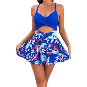 imageB2prity Women Cutout One Piece Skirt Swimsuit V Neck Wrap Tie Back Swimdress Tummy Control Bathing SuitsBlue floral