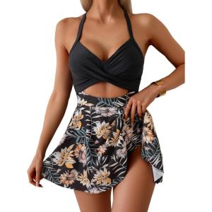 imageB2prity Women Cutout One Piece Skirt Swimsuit V Neck Wrap Tie Back Swimdress Tummy Control Bathing SuitsFlower 09