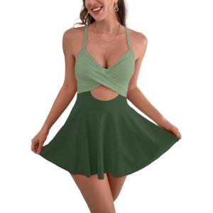 imageB2prity Women Cutout One Piece Skirt Swimsuit V Neck Wrap Tie Back Swimdress Tummy Control Bathing SuitsGreen 04
