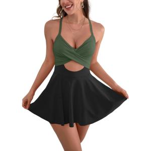 imageB2prity Women Cutout One Piece Skirt Swimsuit V Neck Wrap Tie Back Swimdress Tummy Control Bathing SuitsGreen 05