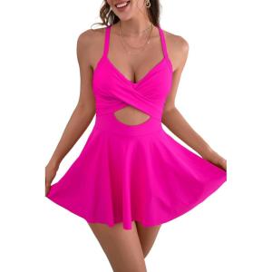 imageB2prity Women Cutout One Piece Skirt Swimsuit V Neck Wrap Tie Back Swimdress Tummy Control Bathing SuitsHot Pink1