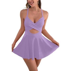 imageB2prity Women Cutout One Piece Skirt Swimsuit V Neck Wrap Tie Back Swimdress Tummy Control Bathing SuitsLight Purple