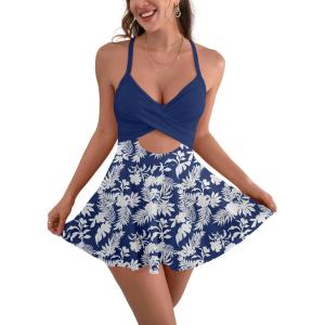 imageB2prity Women Cutout One Piece Skirt Swimsuit V Neck Wrap Tie Back Swimdress Tummy Control Bathing SuitsNavy Blue Leaf