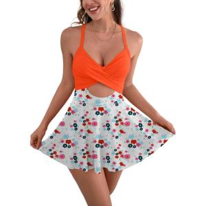 imageB2prity Women Cutout One Piece Skirt Swimsuit V Neck Wrap Tie Back Swimdress Tummy Control Bathing SuitsOrange print