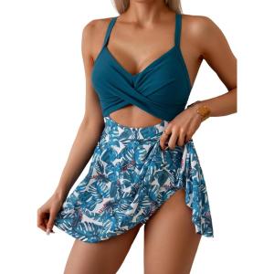 imageB2prity Women Cutout One Piece Skirt Swimsuit V Neck Wrap Tie Back Swimdress Tummy Control Bathing SuitsPrint 07