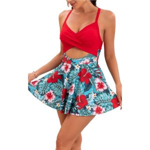 imageB2prity Women Cutout One Piece Skirt Swimsuit V Neck Wrap Tie Back Swimdress Tummy Control Bathing SuitsRed floral