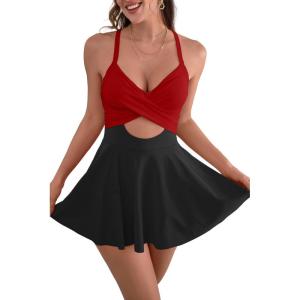 imageB2prity Women Cutout One Piece Skirt Swimsuit V Neck Wrap Tie Back Swimdress Tummy Control Bathing SuitsRed1