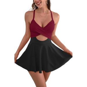 imageB2prity Women Cutout One Piece Skirt Swimsuit V Neck Wrap Tie Back Swimdress Tummy Control Bathing SuitsRed4