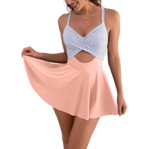imageB2prity Women Cutout One Piece Skirt Swimsuit V Neck Wrap Tie Back Swimdress Tummy Control Bathing SuitsStripe pink