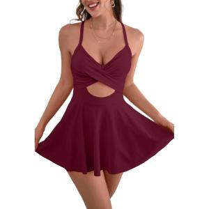 imageB2prity Women Cutout One Piece Skirt Swimsuit V Neck Wrap Tie Back Swimdress Tummy Control Bathing SuitsWine Red